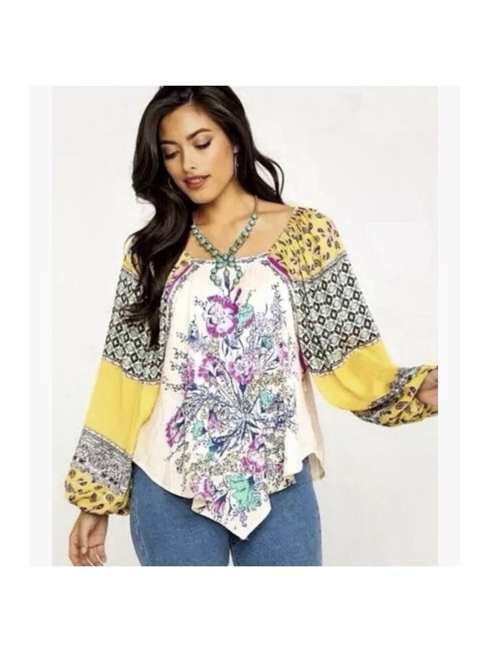 Free People Positano Off The Shoulder Printed Blouse Yellow Top Small S Floral